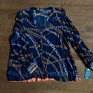 Democracy Navy Blouse with Gold and Light Blue Chain Print
